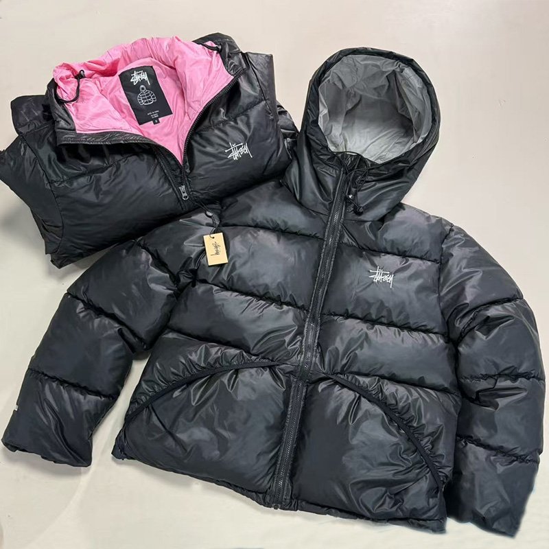 1 Stussy Contrast Liner Hooded Puffer Jacket Men Women Winter Warm Coat - Image 1