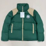 Moncler Green And Beige Color‑Block Puffer Jacket, Stand Collar Embroidered Badge Short Winter Puffer Coat Unisex