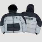 Trapstar Black‑Grey Color‑Block Hooded Puffer Jacket, Back Letter Embroidery Short Winter Padded Coat Unisex